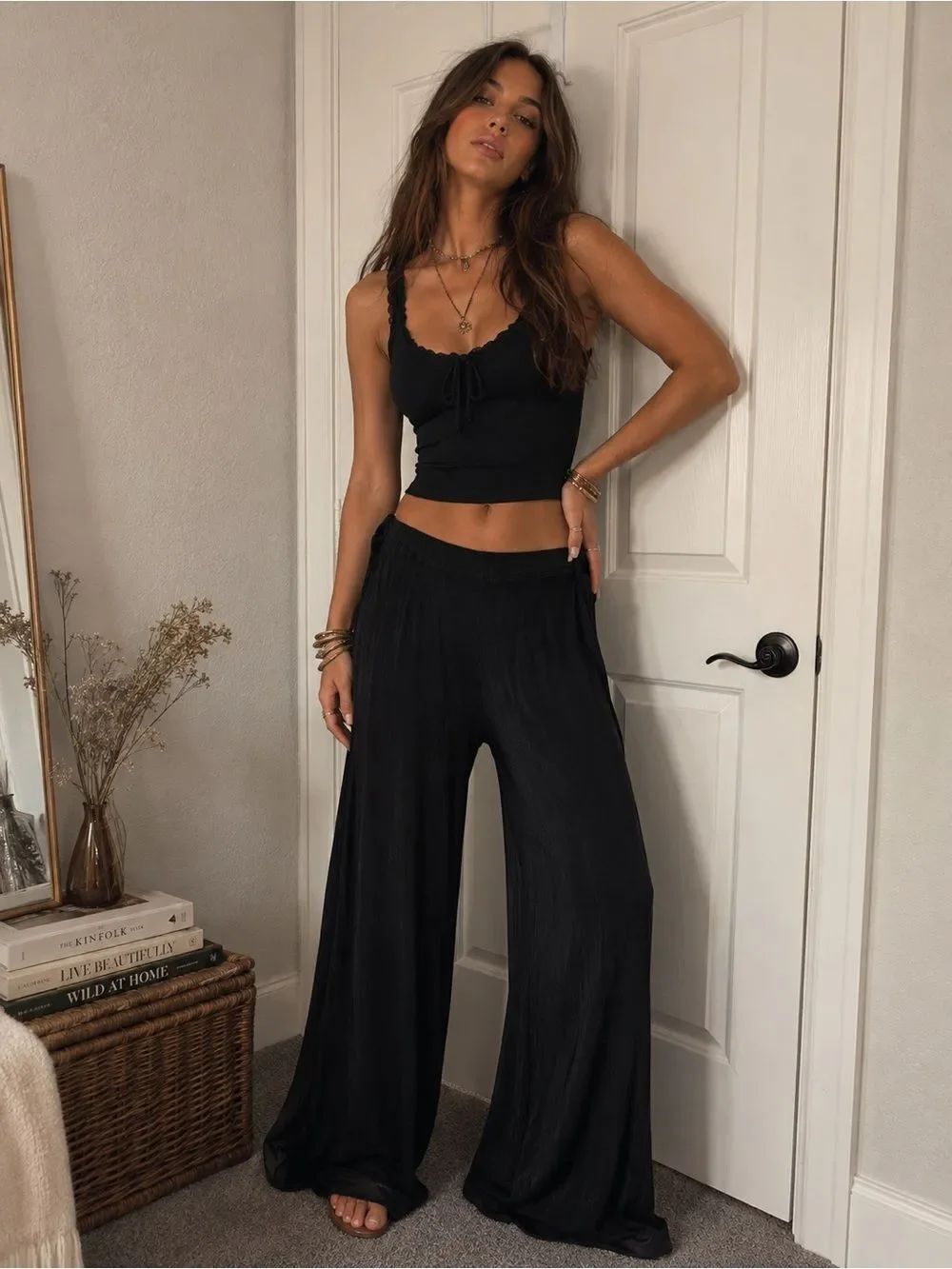 VTG Flax Black Acetate Blend Stretch Slinky Wide Leg Pull On Pants Lagonlook